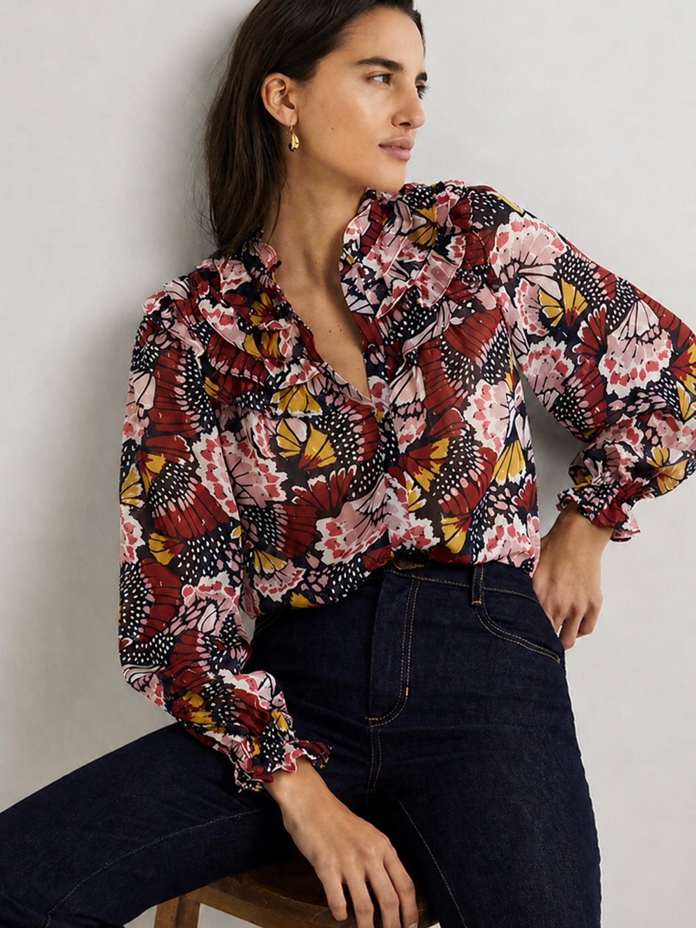 Boden Butterfly Floral Metallic Ruffle Blouse